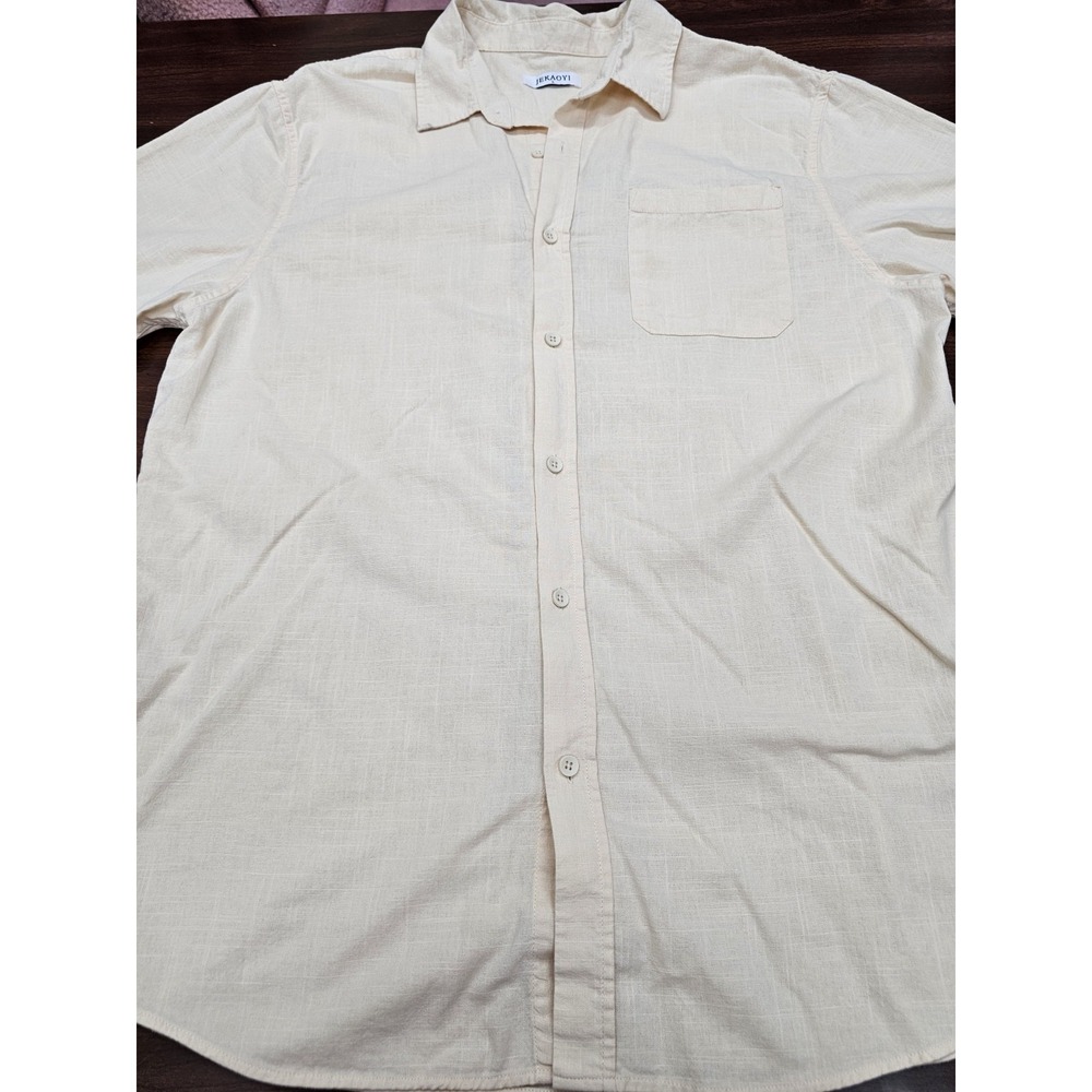 Jekaoyi Mens Button Down Shirt Large Yellow Linen Blend Short Sleeve Casual